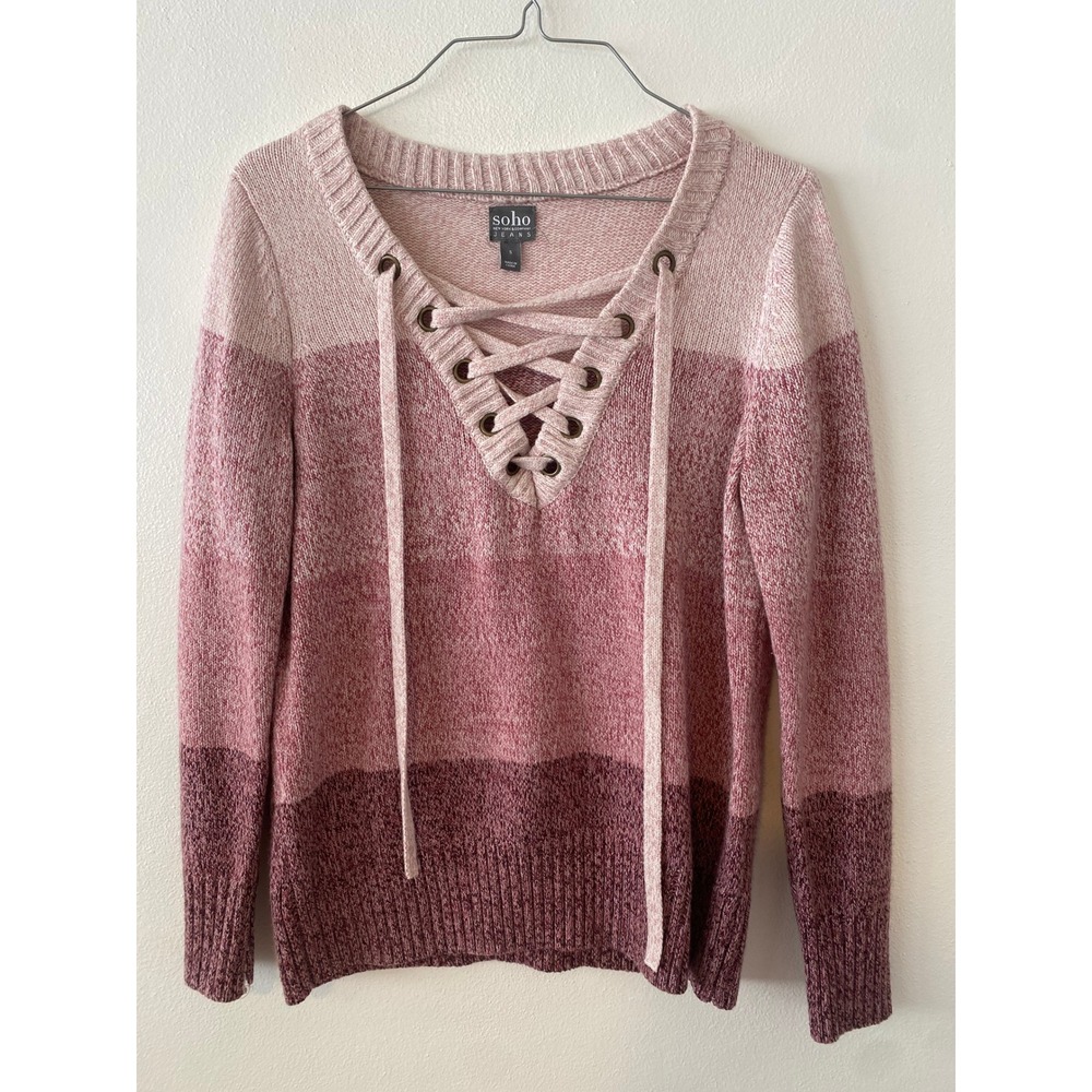 Soho Jeans Pink Ombre Lace Up V-Neck Long Sleeve Sweater Small